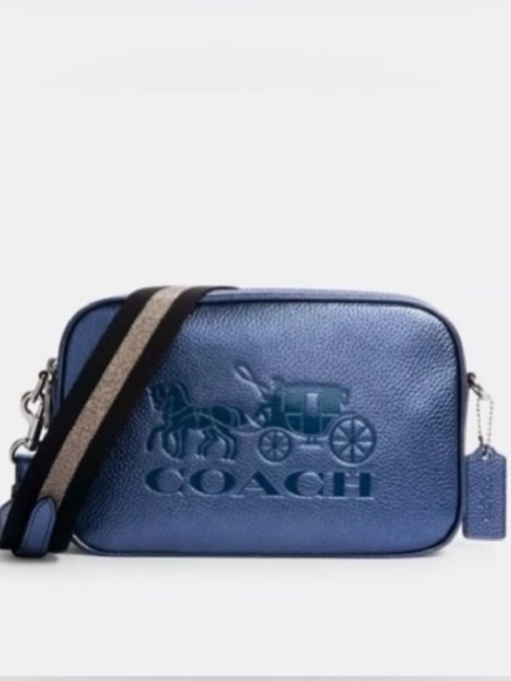 Coach Jes Blue Metallic Pebbled Leather double zip Crossbody Camera Bag